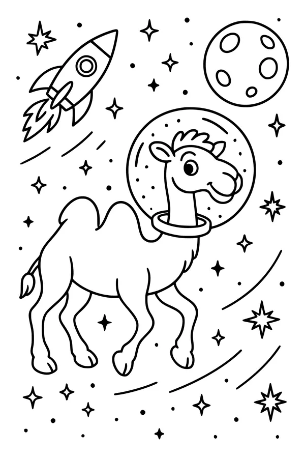 Free Camel Coloring Page - Space Helmet and Starry Walk (Printable PDF)