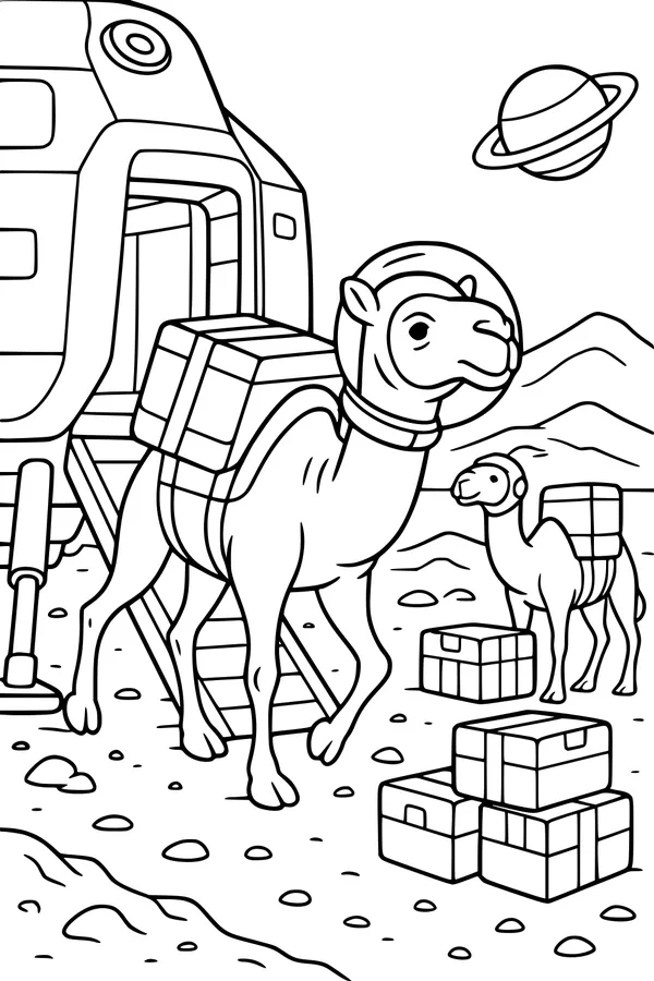 Free Camel Coloring Page - Space Helmet Delivery Crew (Printable PDF)
