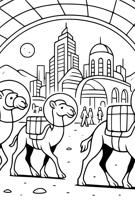 Free Camel Coloring Page - Space Camels in Futuristic Moon City (Printable PDF)