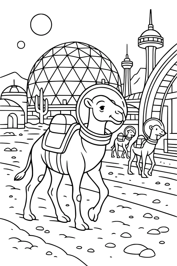 Free Camel Coloring Page - Space Helmets in a Futuristic Desert City (Printable PDF)