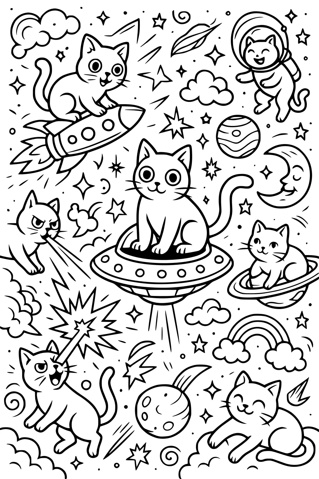 Cats in outer space riding rockets and UFOs, with stars, planets, clouds, a rainbow, and a crescent moon around them.