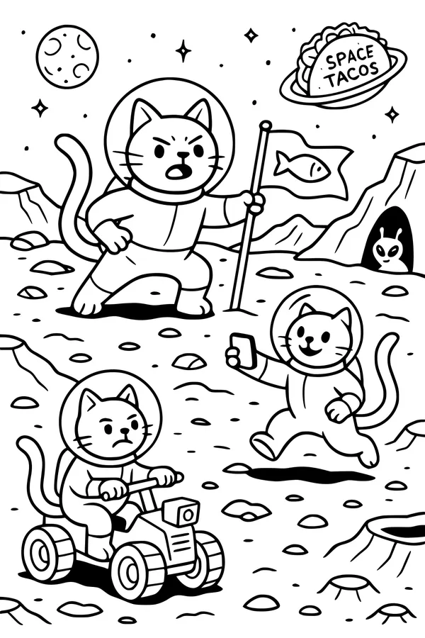Free Space Cat Coloring Page - Astronaut Cats on the Moon with Tacos (Printable PDF)