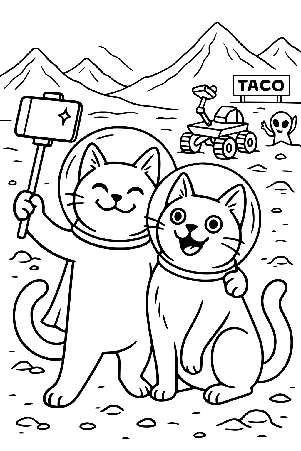 Two cats in space helmets take a selfie on the moon with a taco sign, rover, and waving alien in the background.