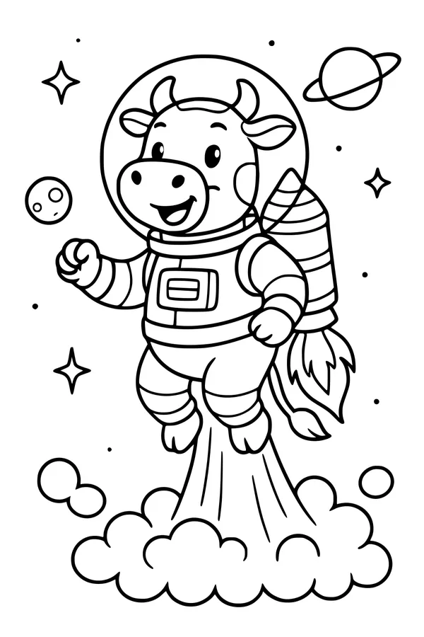 Free Cow Coloring Page - Astronaut Rocket Cow in Outer Space (Printable PDF)
