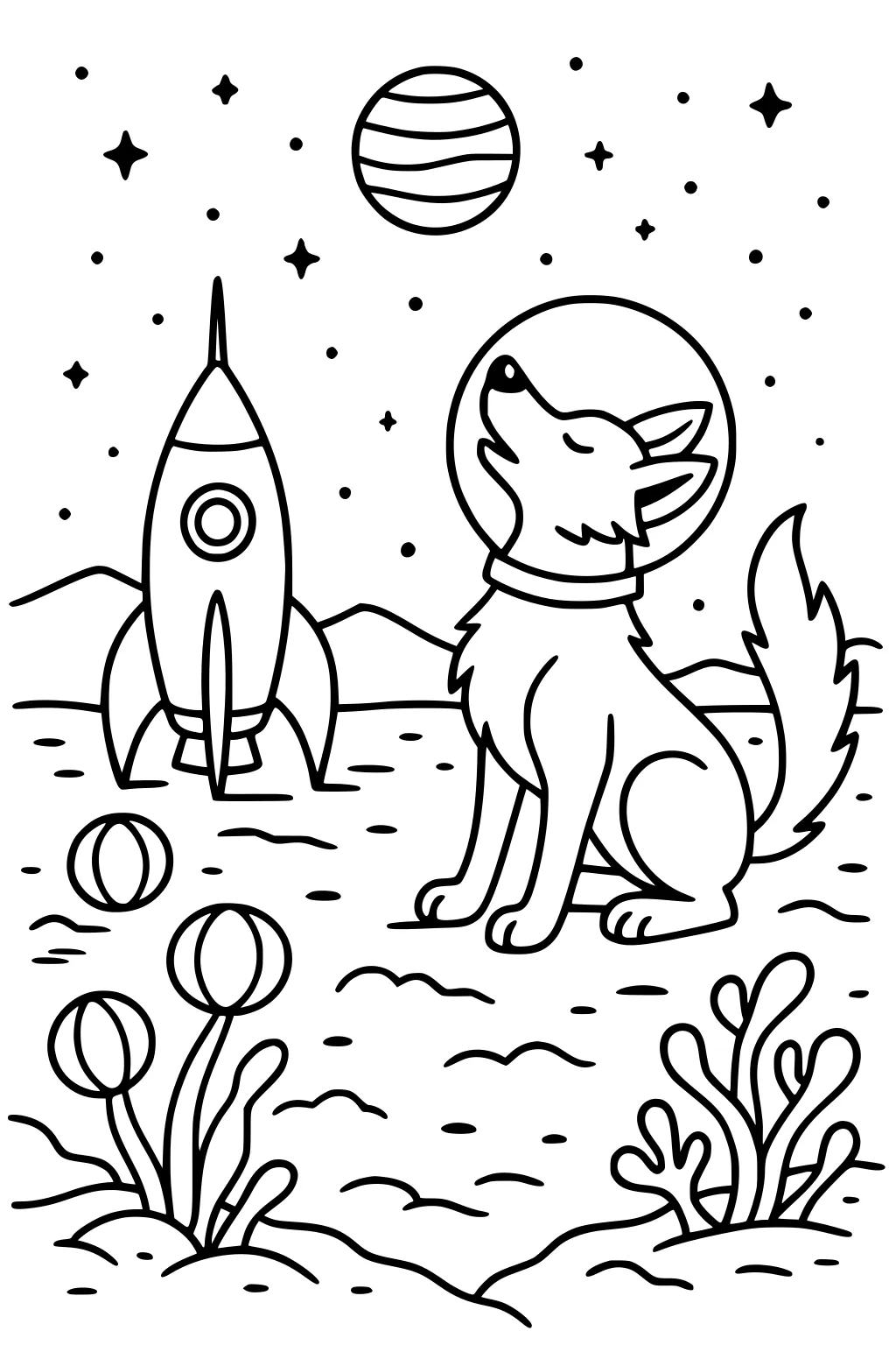 Coyote in a space helmet sits on a rocky surface with a rocket nearby, surrounded by alien plants and stars.