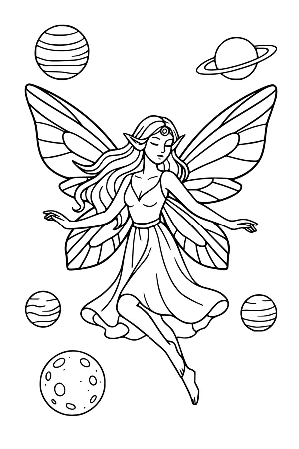 Free Fairy Coloring Page - Moon Fairy Floating in Space (Printable PDF)