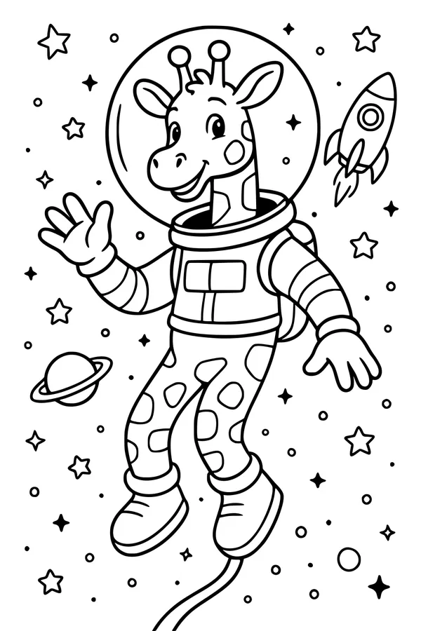 Free Giraffe Coloring Page - Astronaut Giraffe Floating in Space (Printable PDF)