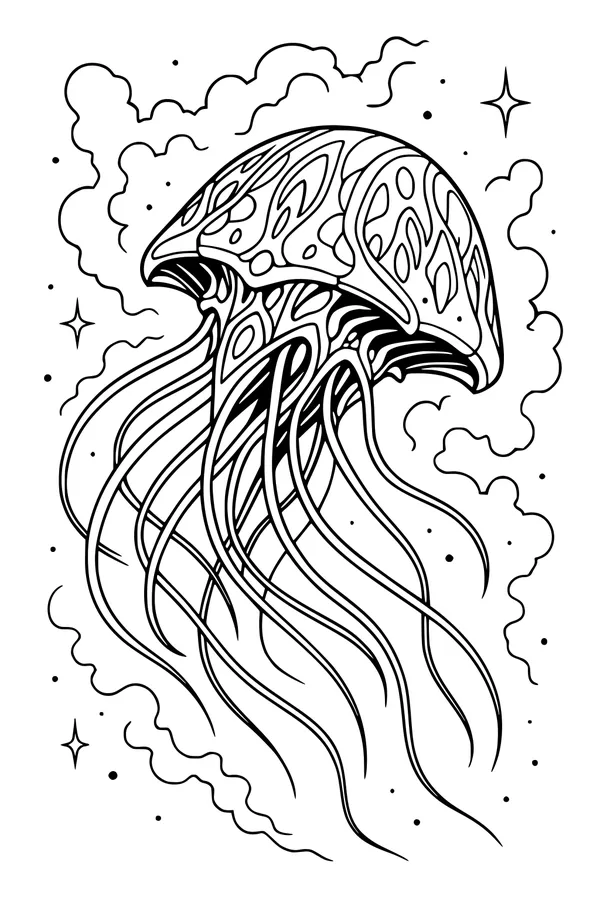 Free Alien Jellyfish UFO Coloring Page - Starlit Cosmic Drift (Printable PDF)