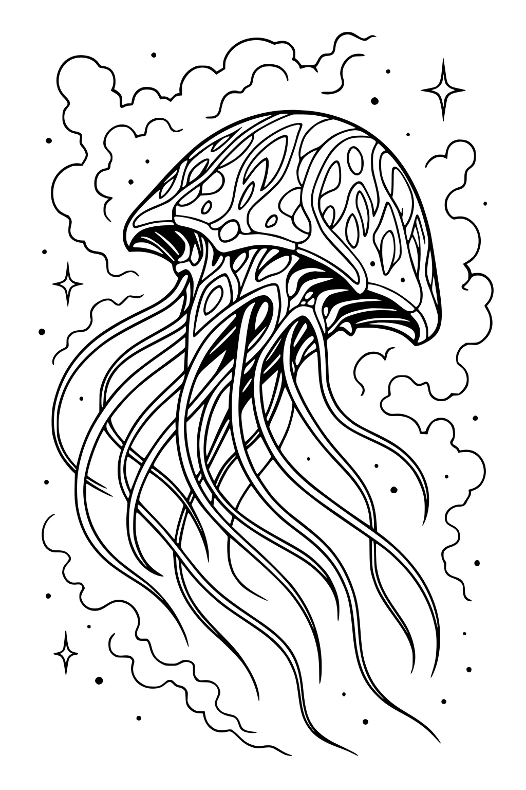 Jellyfish-shaped UFO with patterned dome and long tendrils floating among stars and space clouds in black-and-white line art.