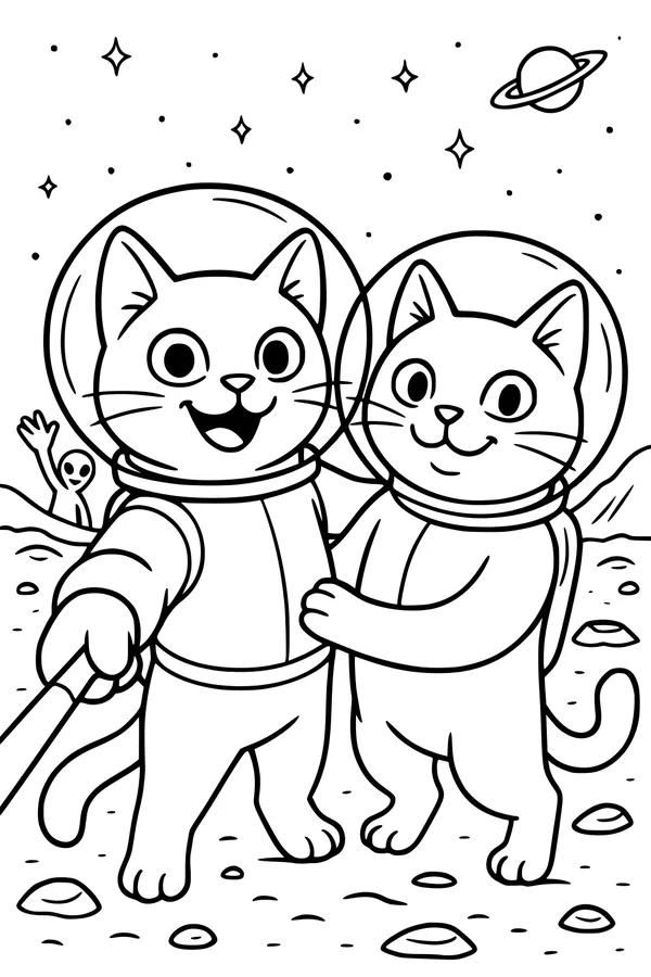 Free Cat Coloring Page - Space Cats Taking a Selfie With Alien (Printable PDF)