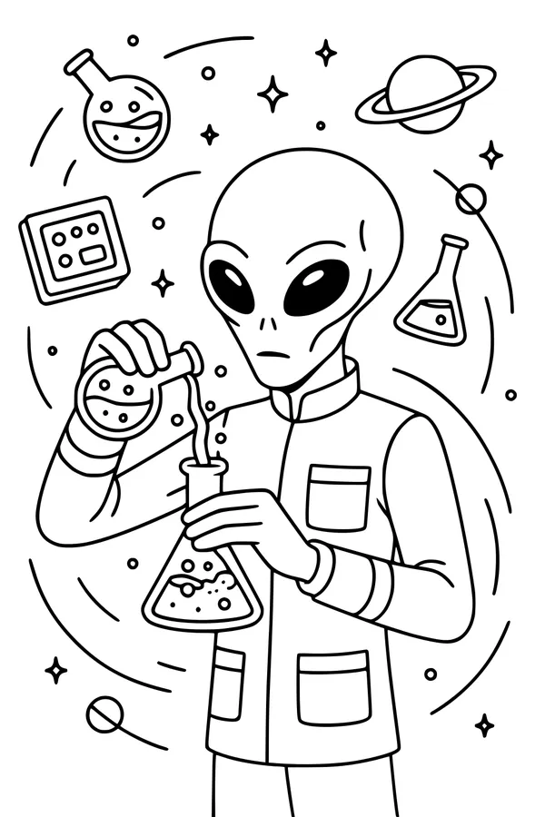 Free Alien Scientist Coloring Page - Space Lab Mix-Up (Printable PDF)