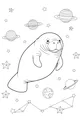 Free Manatee Coloring Page - Space Manatee Among Stars and Planets (Printable PDF)