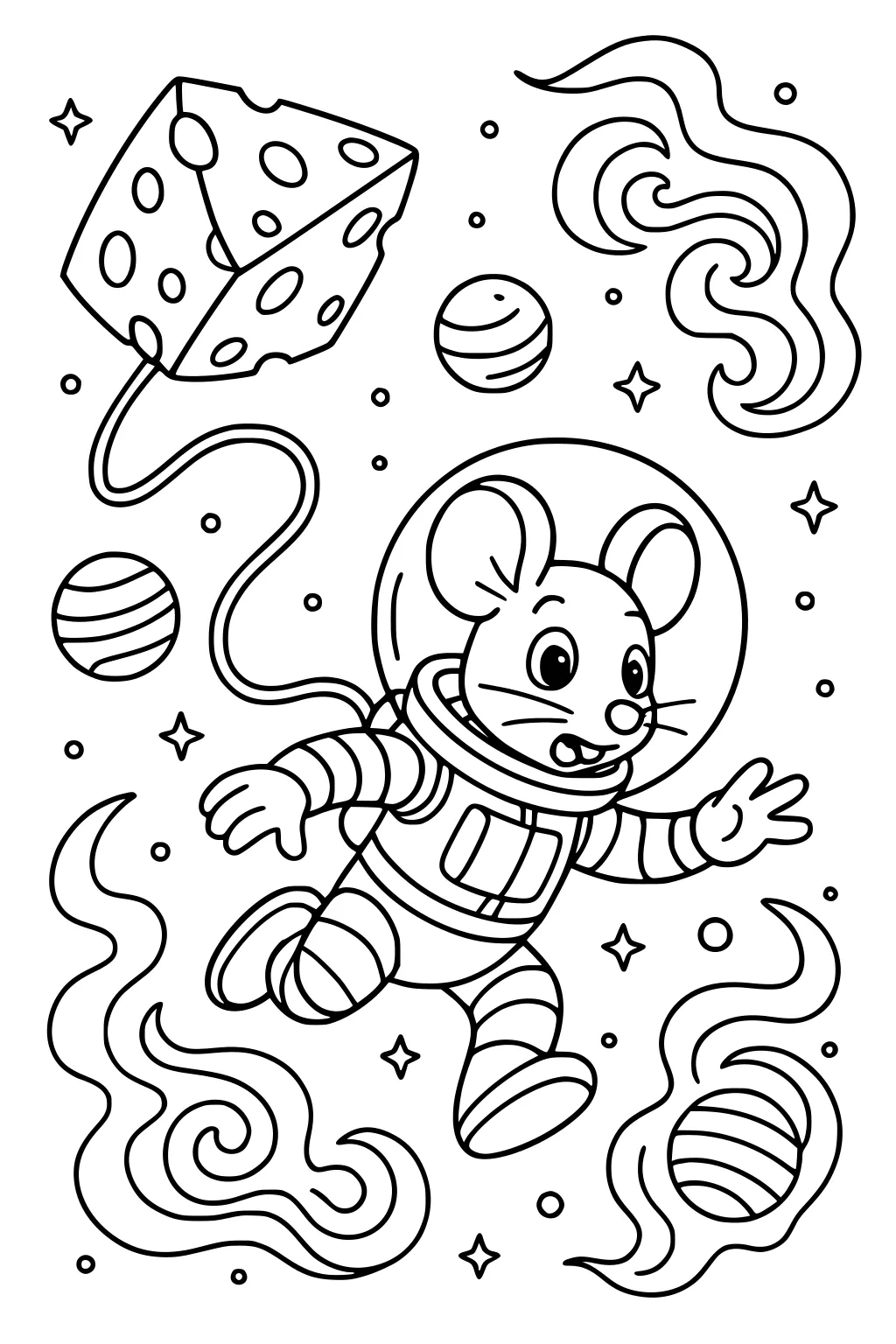 Mouse in a space suit floats through space holding a cheese kite with planets, stars, and swirling lines in the background.