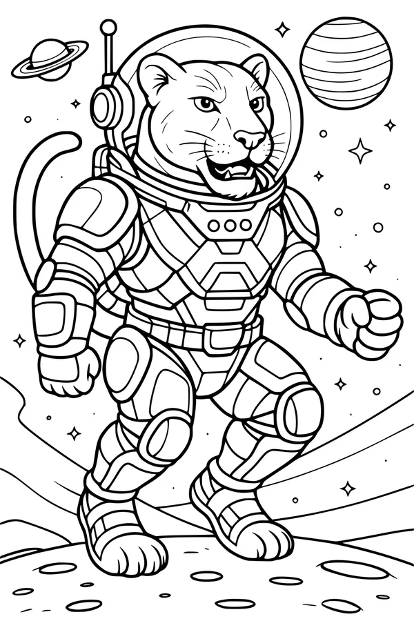 Free Panther Coloring Page - Astronaut Panther Walking on the Moon (Printable PDF)