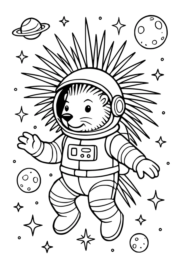 Free Porcupine Coloring Page - Spiky Astronaut in Outer Space (Printable PDF)