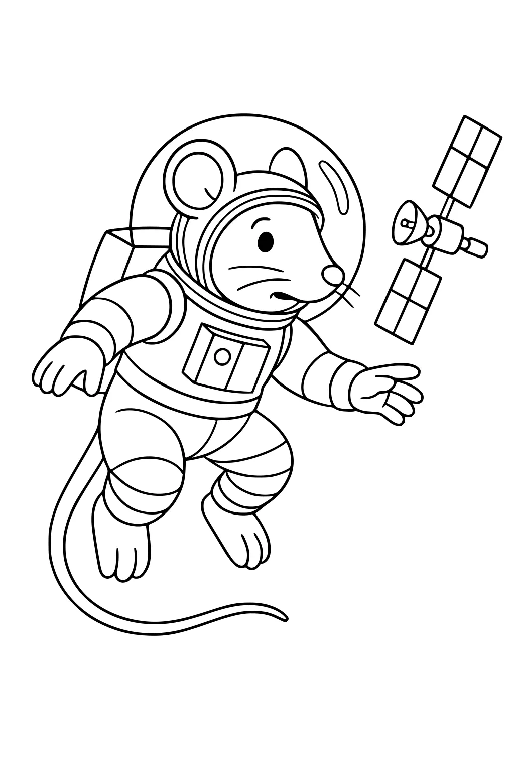 Mouse in an astronaut suit floating in space with a satellite nearby.