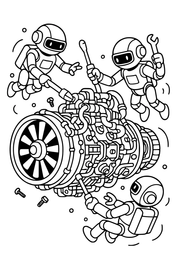 Free Robot Mechanics Coloring Page - Fixing a Space Turbine Engine in Zero Gravity (Printable PDF)