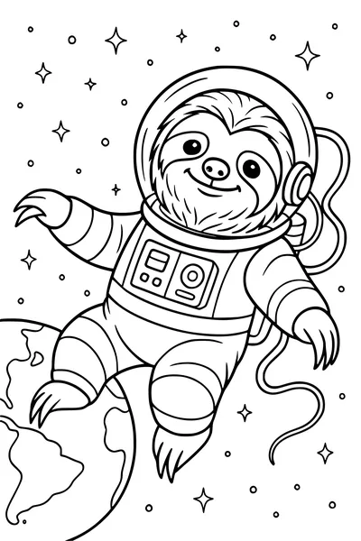 Free Sloth Coloring Page - Astronaut Sloth Floating in Space (Printable PDF)