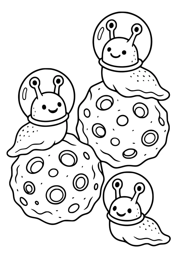 Free Alien Snails Coloring Page - Cute Space Snails on Moon Rocks (Printable PDF)