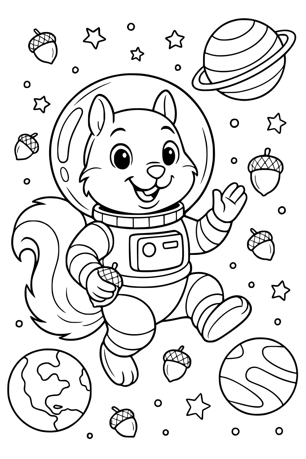Cartoon squirrel in spacesuit floats in space, surrounded by stars, planets, and acorns.