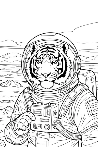 Free Tiger Coloring Page - Astronaut Tiger on Alien Landscape (Printable PDF)