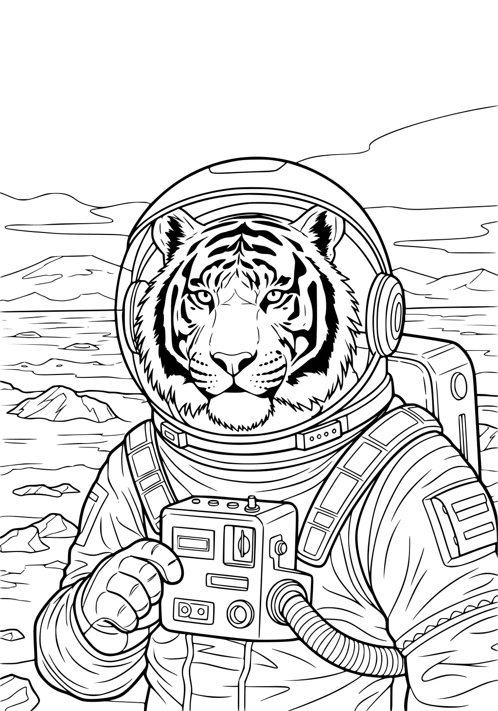 Tiger in a detailed astronaut suit and helmet, holding a gadget on a rocky alien surface with mountains and clouds in the background.