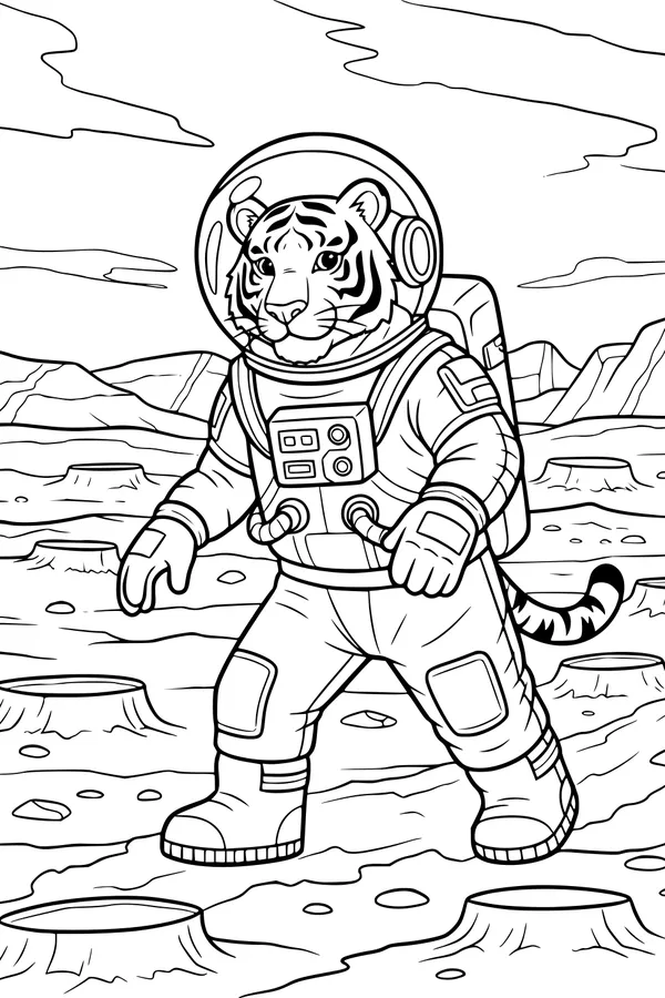 Free Tiger Coloring Page - Astronaut Explorer on Rocky Planet (Printable PDF)