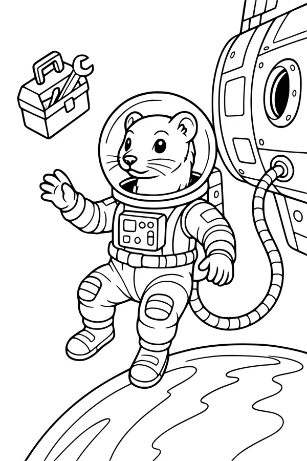 Free Weasel Coloring Page - Space Station Fixer in Orbit (Printable PDF)