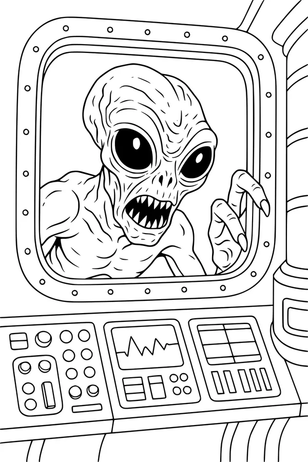 Free Alien Coloring Page - Monster Peering Through Spaceship Window (Printable PDF)