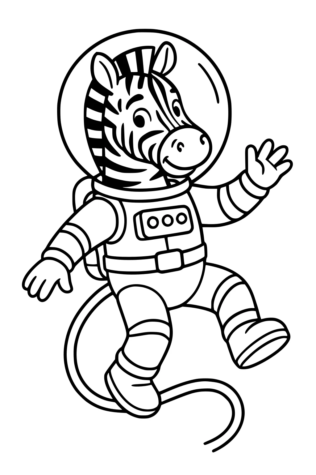 Smiling zebra astronaut floats, waving, in a spacesuit with helmet, chest panel, backpack, boots, and a curled safety tether.