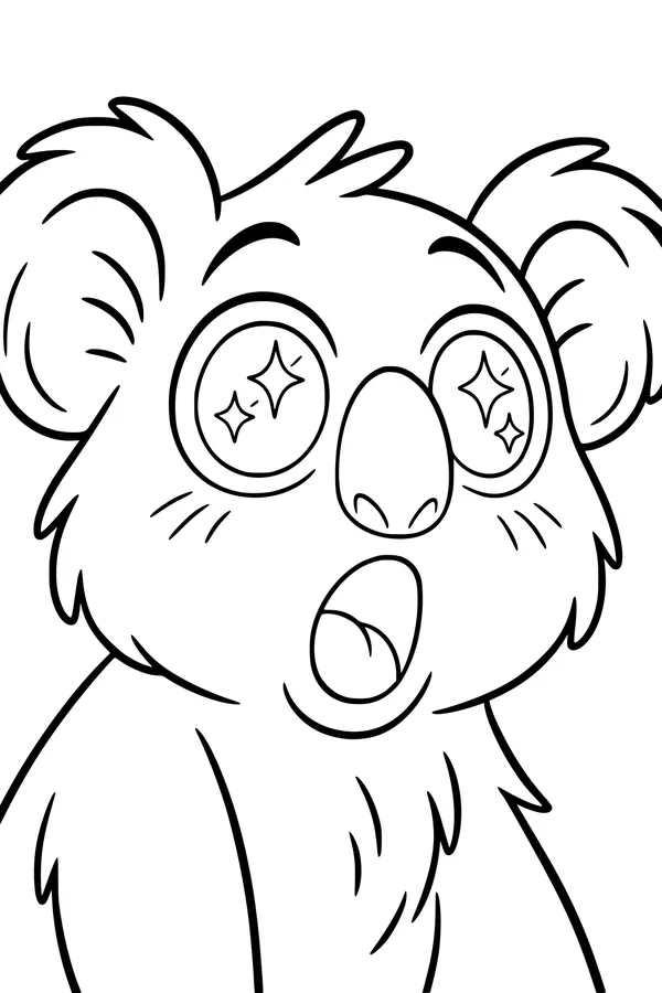 Free Koala Coloring Page - Sparkly-Eyed Koala Boy in Surprise (Printable PDF)