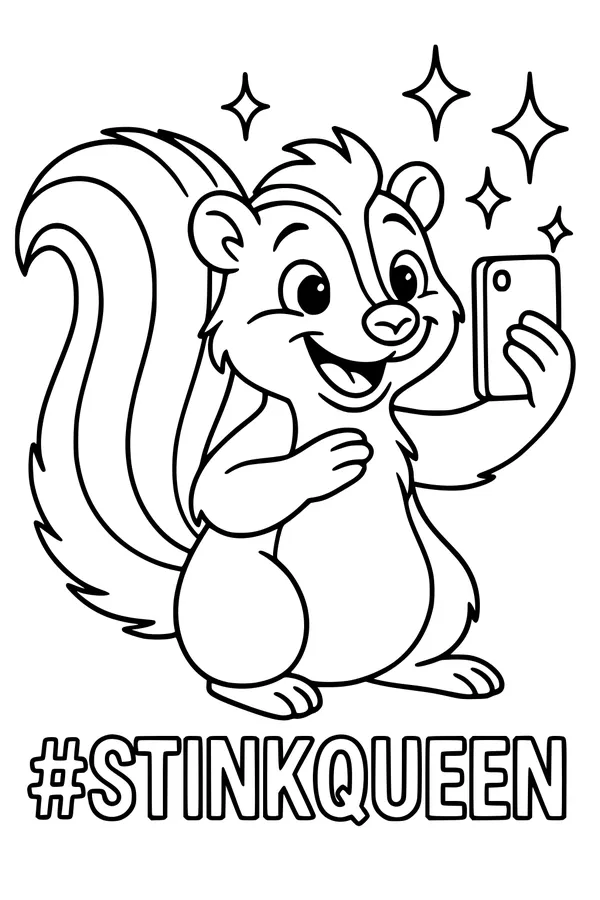 Free Skunk Coloring Page - Sparkling Selfie Stink Queen (Printable PDF)