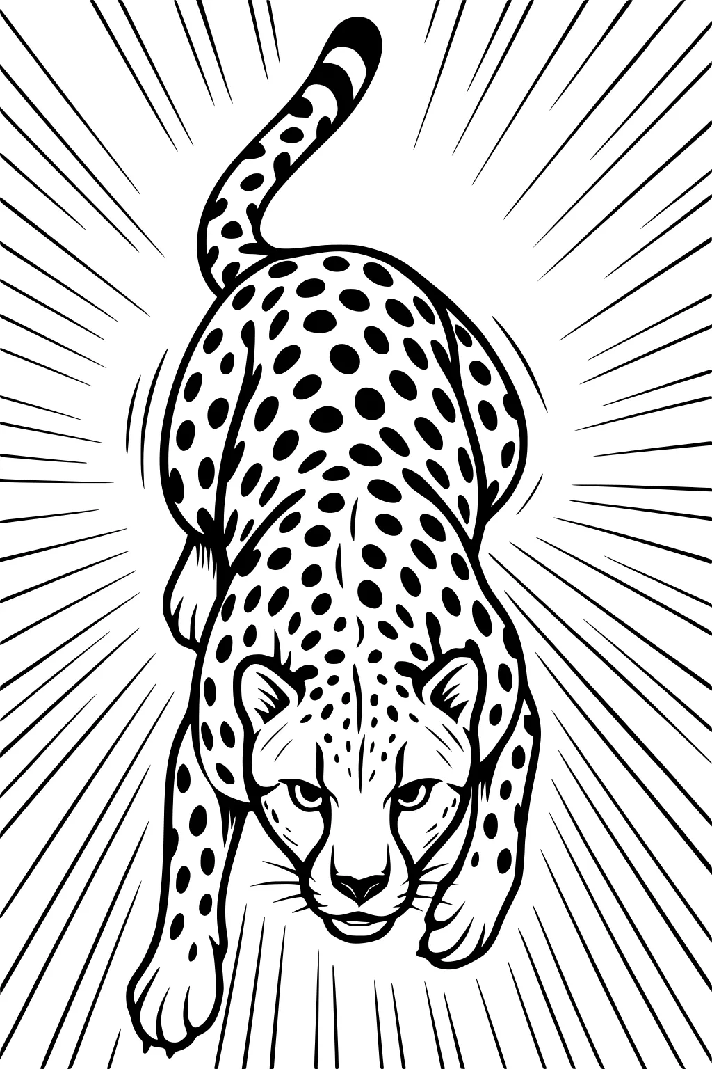 Cheetah running straight forward with dark spots and action lines showing speed.