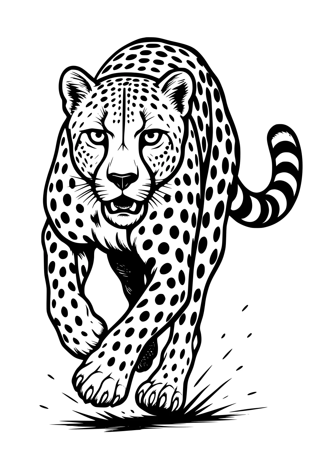 A cheetah is running with mouth open, front paws reaching out, tail curled, and dark spots all over its body.