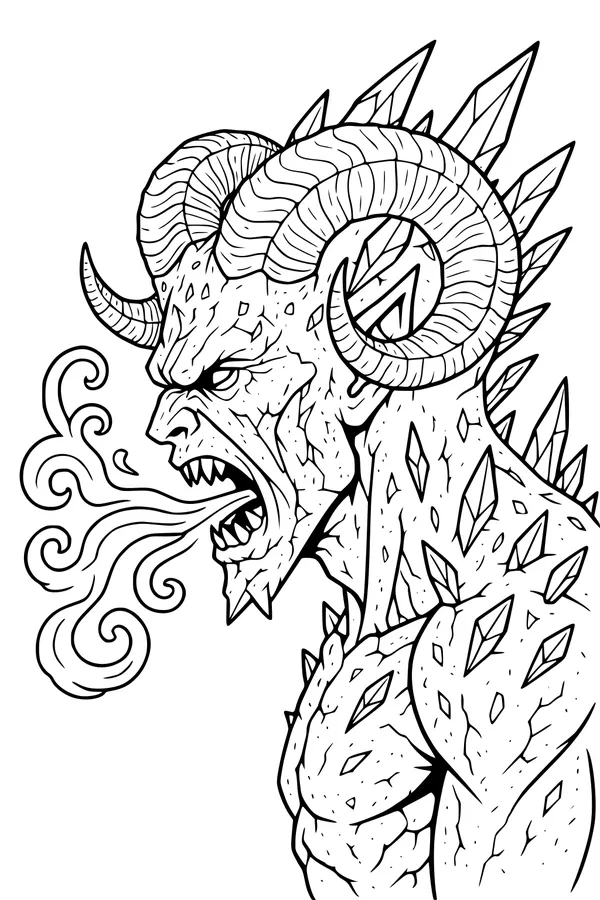 Free Demon Coloring Page - Horned Grumblehorn Breathing Swirling Smoke (Printable PDF)