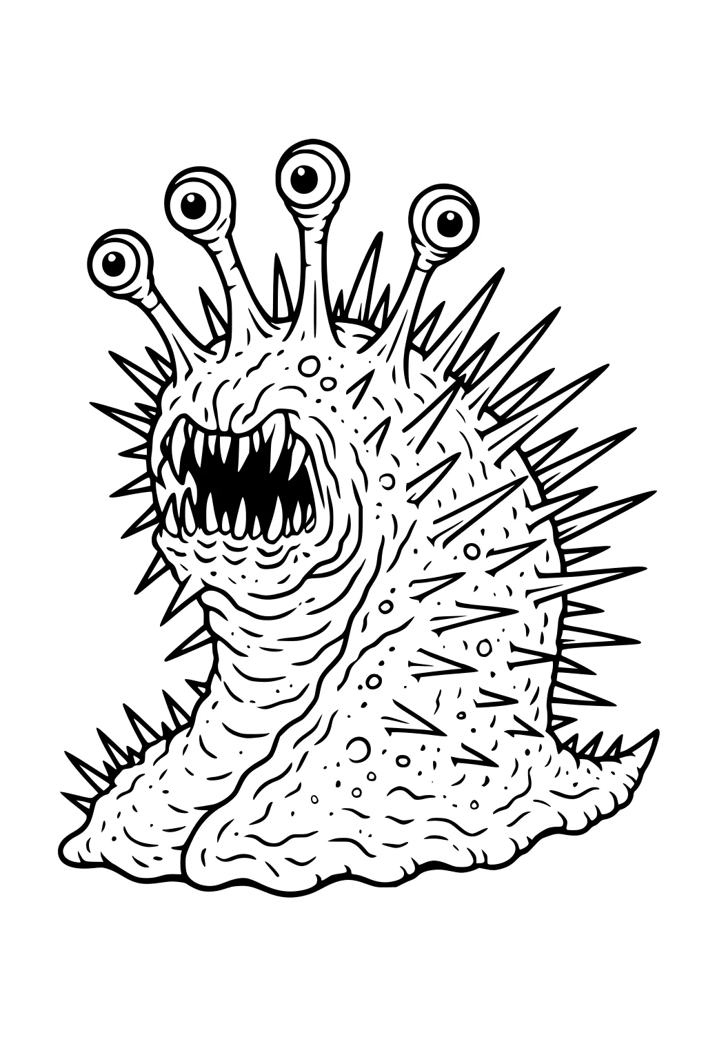 Spiky sea monster with four eye stalks and sharp teeth, slug-like body, and many long spikes drawn in bold black line art.