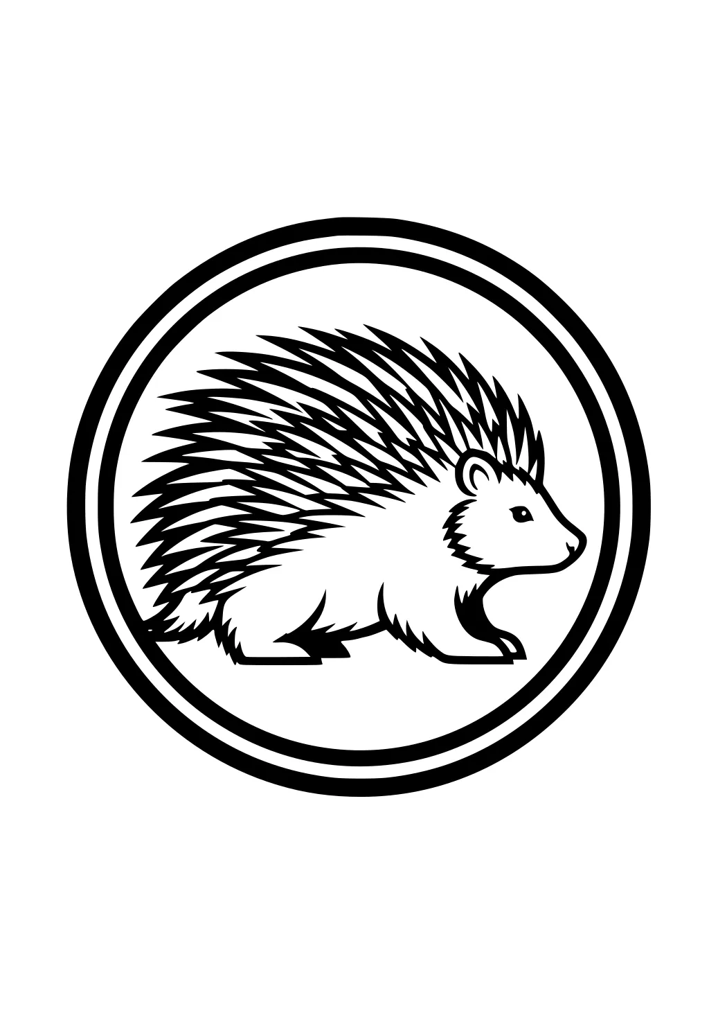 Porcupine with sharp quills inside two circles on a white background.