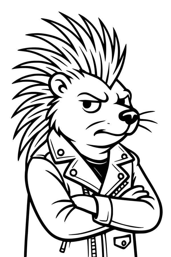 Free Porcupine Coloring Page - Rock Star Attitude in Leather Jacket (Printable PDF)