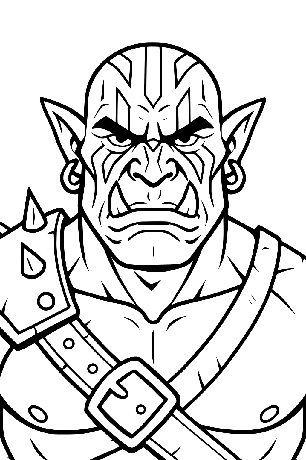 Ogre portrait with tusks, earrings, striped forehead, pointed ears, spiked shoulder pad, and chest straps in bold line art.