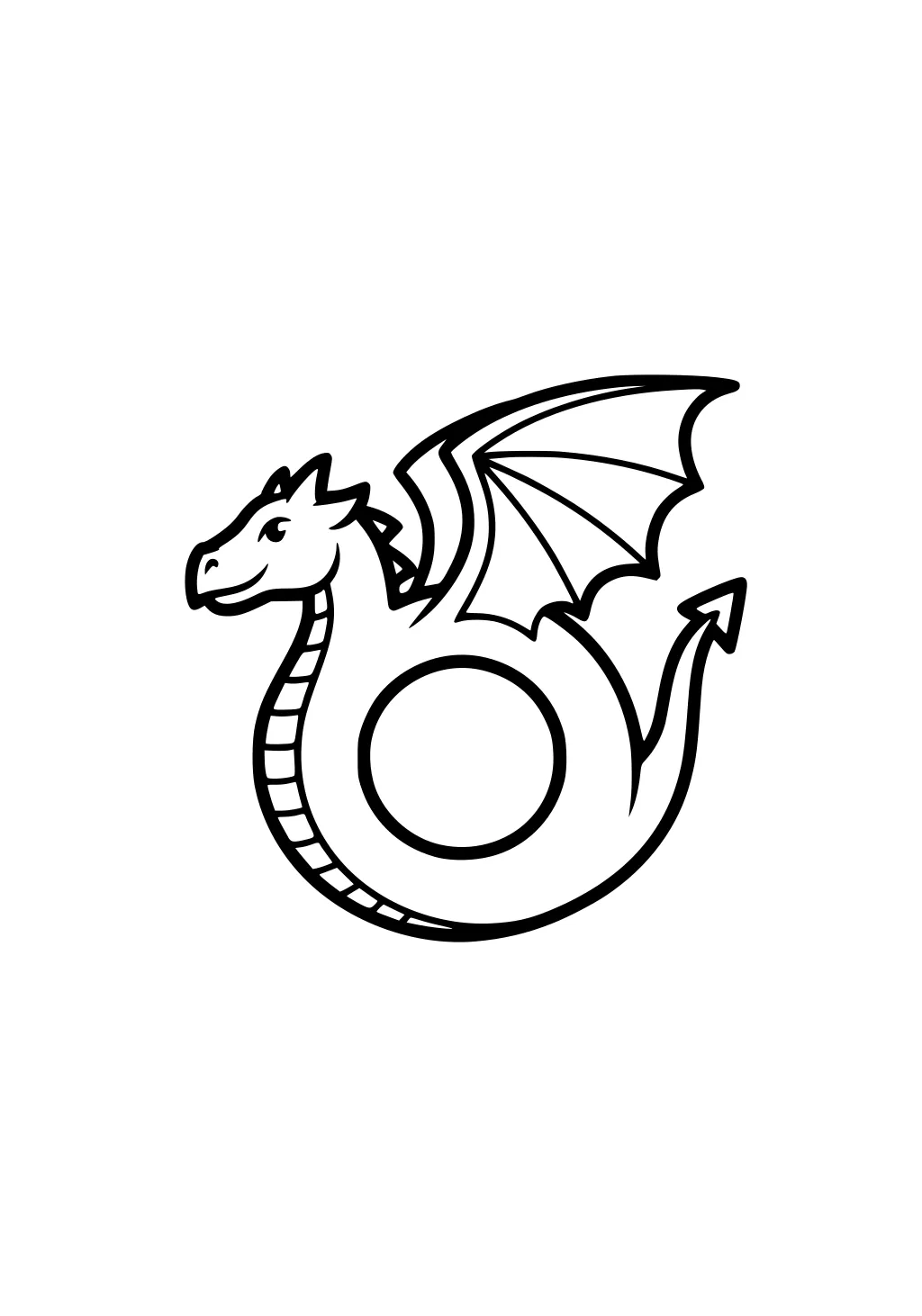 Cartoon dragon curled in a spiral with a round belly circle, one open wing, small horns, striped neck, and pointed tail on white background.