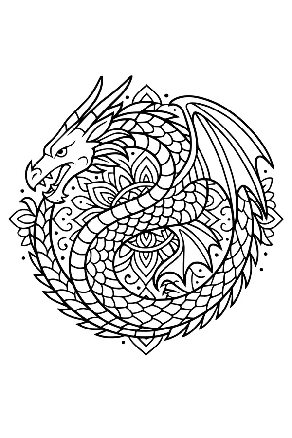 Free Dragon Coloring Page - Intricate Spiral Mandala Dragon (Printable PDF)