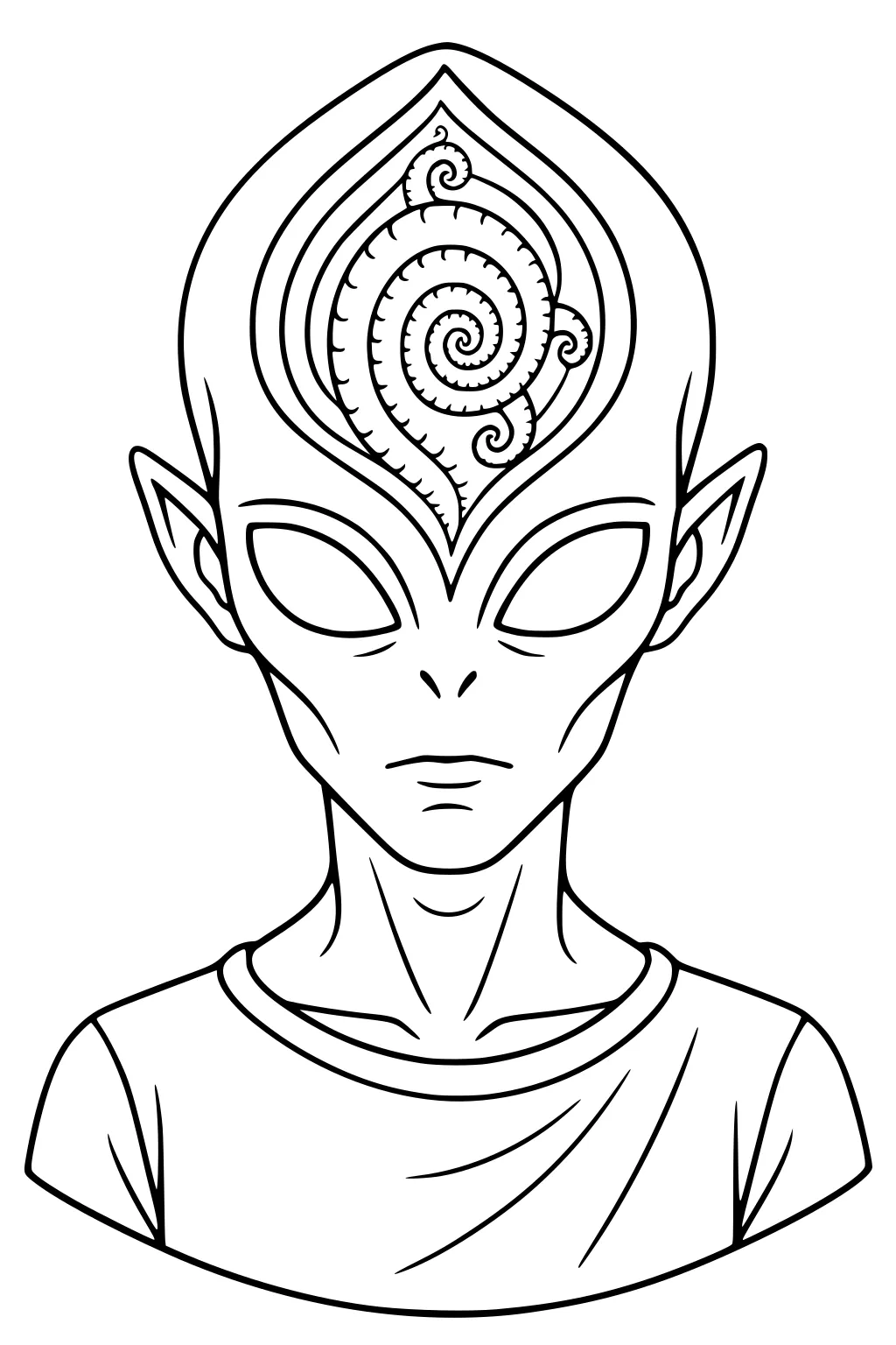 Alien portrait with large almond eyes, pointed ears, and a spiral forehead design, wearing a T-shirt in clean line art.