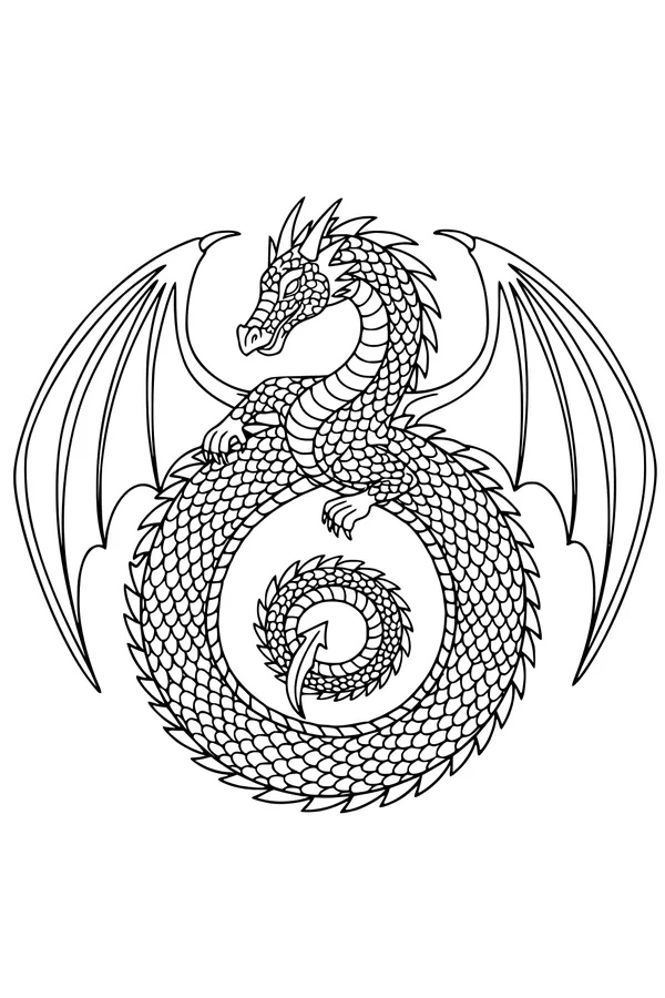 Free Dragon Coloring Page - Spiral Sky Guardian With Coiled Tail (Printable PDF)