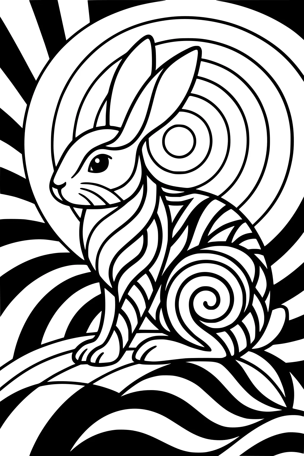 A rabbit with swirly lines on its fur sits in front of circles and wavy patterns.