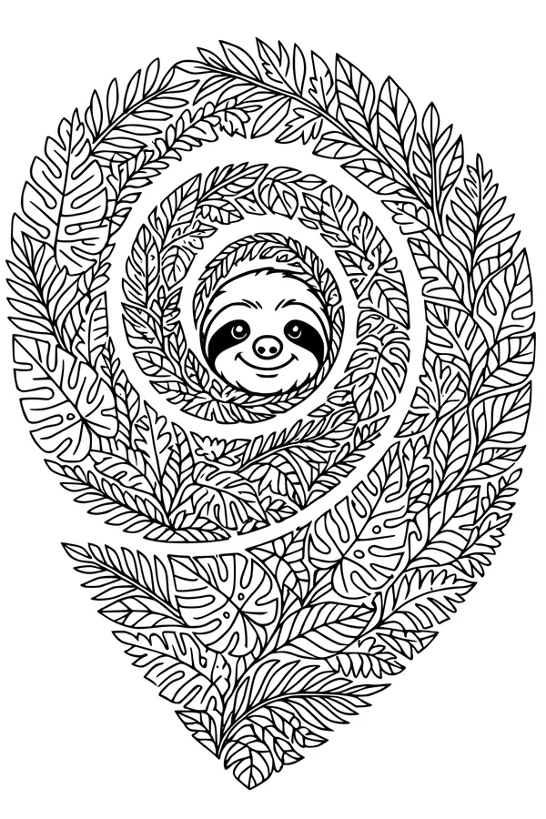Free Sloth Coloring Page - Peekaboo in Leafy Jungle Spiral (Printable PDF)