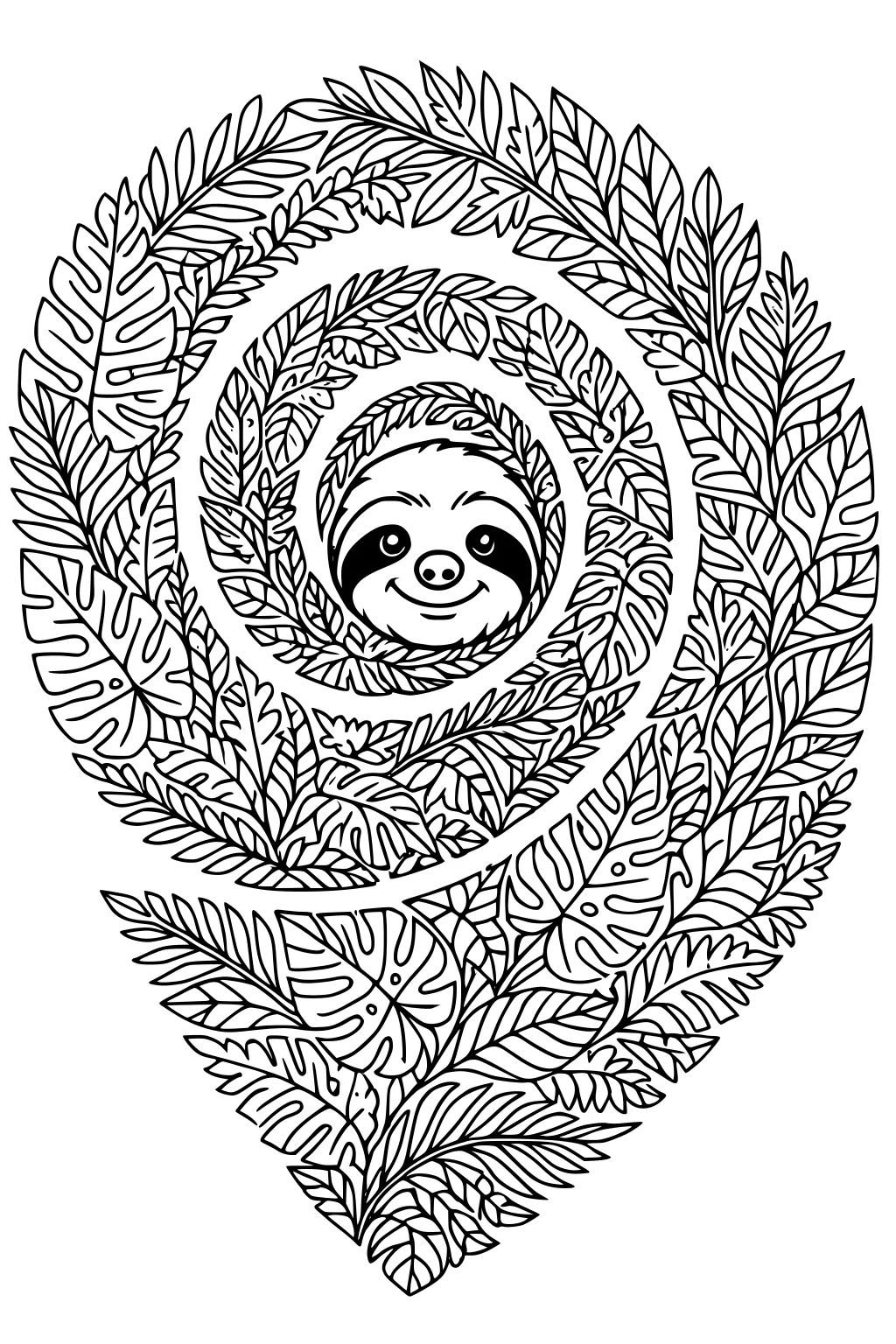 A sloth face smiles from the middle of layered swirling jungle leaves in a spiral pattern.