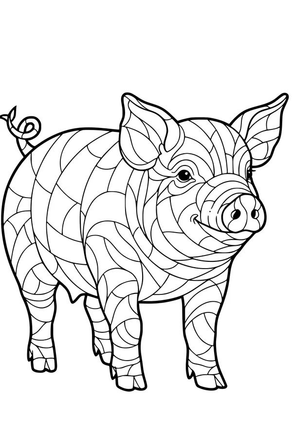 Free Pig Coloring Page - Swirly Patchwork Piglet in Sunshine (Printable PDF)
