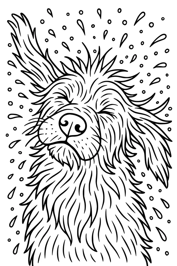 Free Dog Coloring Page - Fluffy Wet Pup Shaking Off Water (Printable PDF)