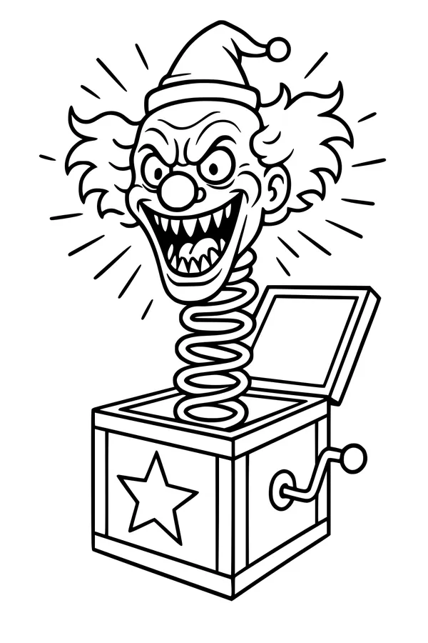 Free Halloween Clown Coloring Page - Spooky Jack-in-the-Box Surprise (Printable PDF)