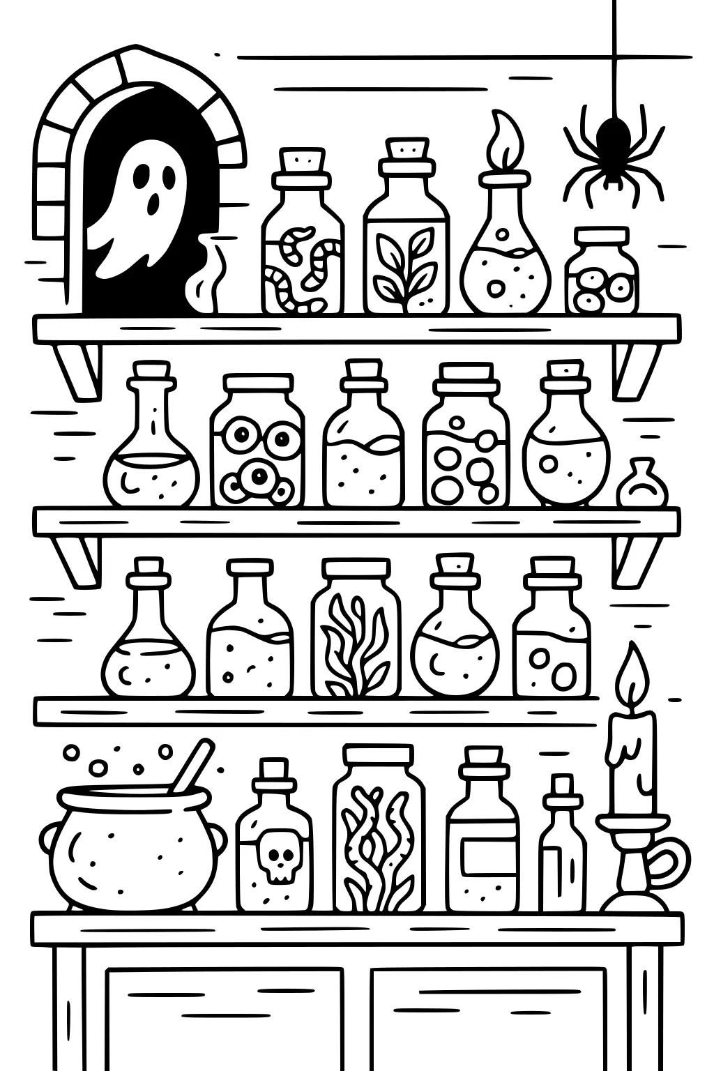 Halloween potion shelves with jars, eyeballs, worms, bubbling cauldron, candle, hanging spider, and a friendly ghost in an arched nook.